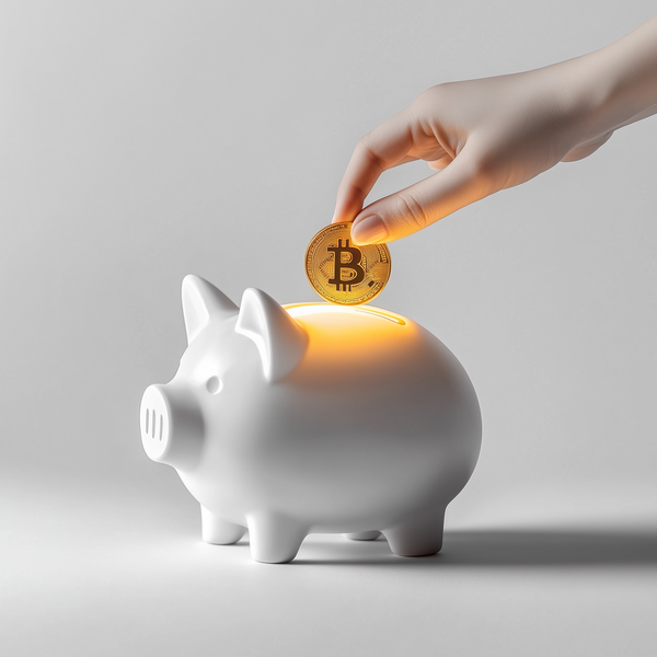 Modern savings and cryptocurrency investment setup with piggy bank and Bitcoin symbols